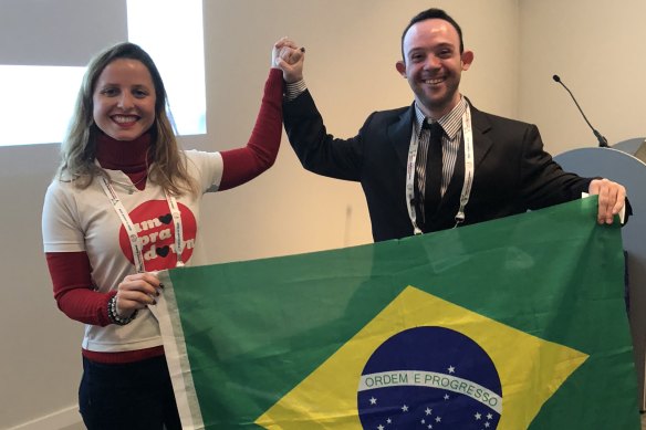 Samuel Sestaro with Jessica Pereira Cardozo, technical coordinator of the Brazilian association Amor Pra Down (Love For Down) after his presentation in Glasgow.