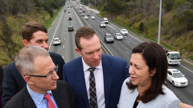 Federal Minister for Urban Infrastructure Paul Fletcher (left) , Queensland Public Works Minister Mick de Brenni (middle), and Queensland Premier Annastacia Palaszczuk (right) announcing that the contract for the M1 and M3 upgrade between Eight Mile Plains and Rochedale South has been awarded.