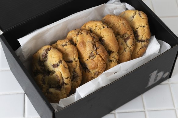 A mailing box of chunky NYC-style cookies.