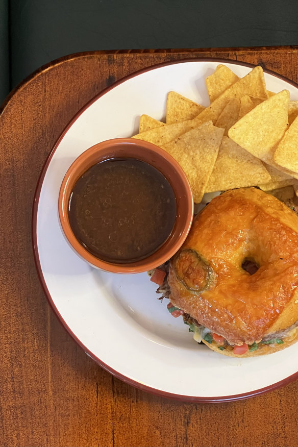 Brooklyn Boy and Chico’s birria bagel with sauce.