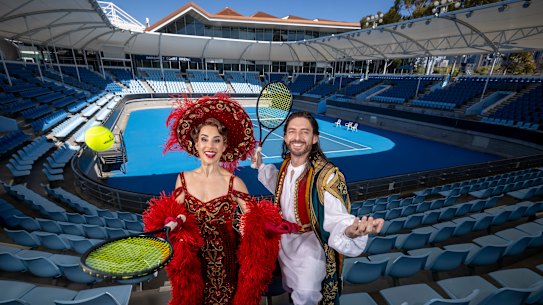 Opera singers Kathryn Williams and Anthony Mackey at Melbourne Park.