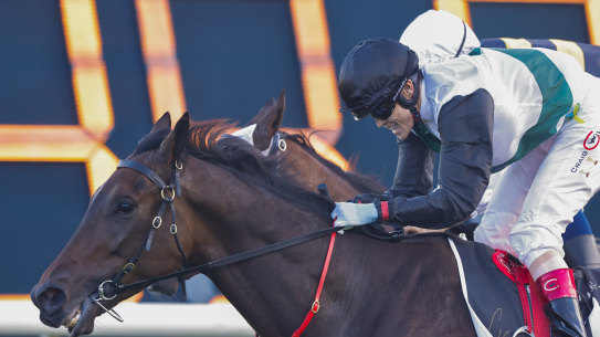 Craig Williams breaks out in a grin as Mr Brightside wins the Doncaster Mile. The blue and yellow ribbons can be seen on his hip.