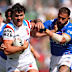 Herbie Farnworth tries to beat the French defence. 