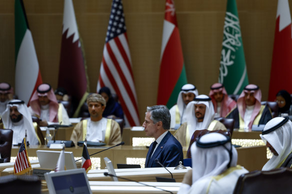 US Secretary of State Antony Blinken, centre, and other officials discuss the humanitarian crises faced in Gaza, in Riyadh, Saudi Arabia.