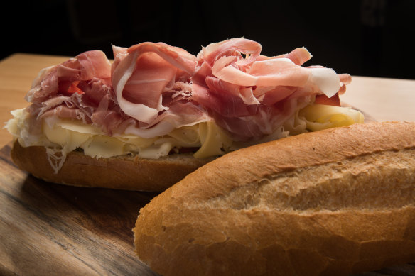 A Rocco Roll filled with prosciutto from Rocco's Deli in Yarraville.