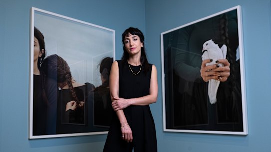 Hoda Afshar with some of her new work in exhibition A Curve is a Broken Line at the Art Gallery of NSW. 