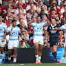 Argentina’s Ignacio Mendy, second right celebrates with teammates