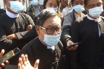 Khin Maung Zaw, a lawyer asked by the National League for Democracy party to represent deposed Myanmar leader Aung San Suu Kyi, speaks outside the Dakhi Na District Court in Naypyitaw.