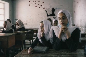 Female students in a 6th-grade class at the Ayesha Durkhani girls school in Kabul.