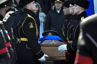 Troops carry the coffin with the body of Capt. Andrei Paliy, a deputy commander of Russia’s Black Sea Fleet, during a farewell ceremony in Sevastopol, Crimea, on March 23.
