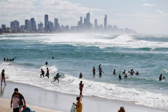 People swimming at Burleigh Heads on the Gold Coast on May 16, 2020.