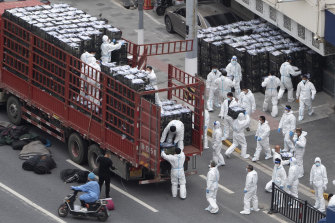 Workers in PPE unload groceries to distribute to residents under lockdown in Shanghai on Tuesday.