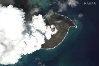 An overview of Hunga Tonga Hunga Ha’apai volcano in Tonga. Its explosion knocked the island nation’s communications offline. 