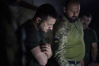 Ukrainian President Volodymyr Zelensky meeting servicemen reporting from the frontline in eastern Donetsk in June.