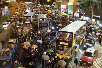 Protesters used barricades to block several roads at Causeway Bay in Hong Kong on Sunday night.