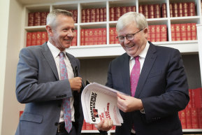 Former prime minister Kevin Rudd launches Peter Hartcher’s Quarterly Essay ‘Red Flag: Waking up to China’s Challenge’ at Parliament House in Canberra in 2019.