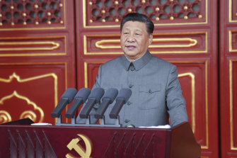 Chinese President and party leader Xi Jinping  making his keynote speech in Tiananmen Square to mark the party’s centenary. 
