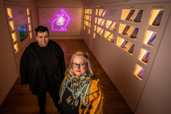 Digital artists Anna Reeves (right) and Ace Salama (left) created the Metaverse Store, a shop for digital products from a future virtual world.