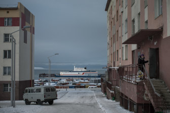 The floating nuclear power plant docked in the Arctic port town of Pevek, Russia.