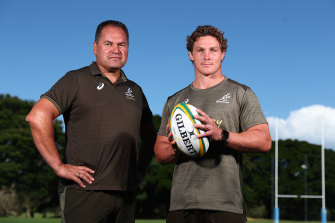 Dave Rennie and Michael Hooper at the Wallabies camp.