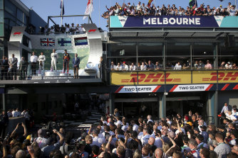 Lewis Hamilton, Valtteri Bottas and Max Verstappen on the podium the last time the Australian Grand Prix was held.