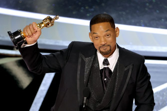 Will Smith accepts the award for best actor at the 2022 Oscars.