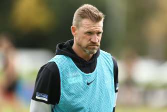 Collingwood coach Nathan Buckley, pictured during a training session at the Holden Centre, is clear that the decision on his coaching future doesn’t rest with new president Mark Korda.