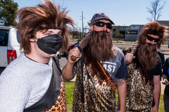 Men dressed as cavemen awaited Scott Morrison at a Bunnings in Perth.