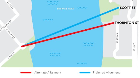 The proposed bridge would connect Alice and Edward streets and Scott Street or Thornton Street in Kangaroo Point.