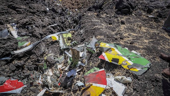 Wreckage lies at the site of the weekend's Ethiopian Airlines crash.