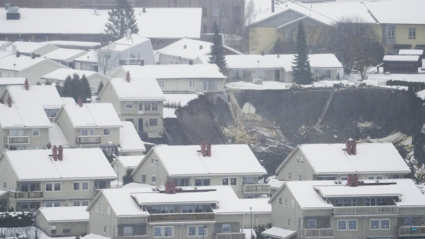 The scene after a landslide occurred in a residential area near Oslo.