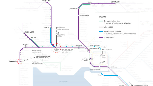 A map showing the proposed high speed rail linking Geelong to Melbourne Airport via Sunshine.