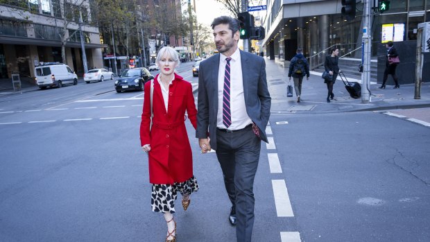 Constantine Arvanitis outside Melbourne’s County Court with his fiancee, Melanie Thornton.