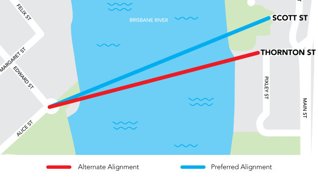 The proposed bridge would connect Alice and Edward streets and Scott Street or Thornton Street in Kangaroo Point.