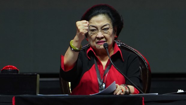Megawati Sukarnoputri addresses an event marking the 50th anniversary of the Indonesian Democratic Party of Struggle this month.