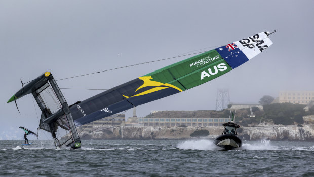 Australia’s 50-foot catamaran capsizes during practice before the SailGP finale in San Francisco.