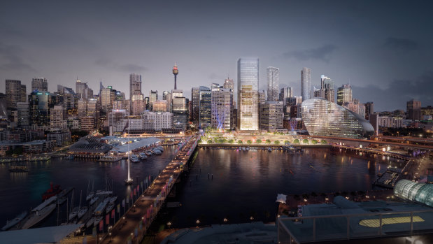 An artist's impression of the Cockle Bay redevelopment, which features a 183 metre office tower that will create extra shadowing over Town Hall Square.

