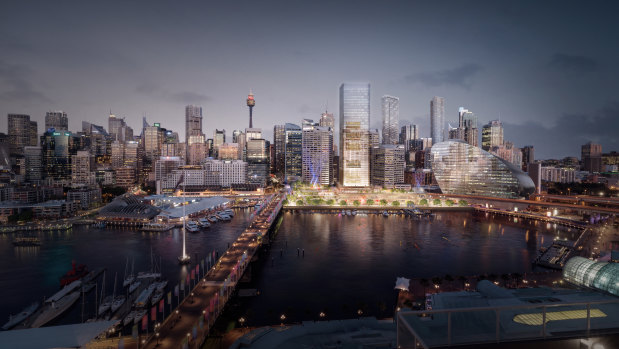 An artist's impression of the Cockle Bay redevelopment, which features a 183-metre office tower, retail precinct and park.