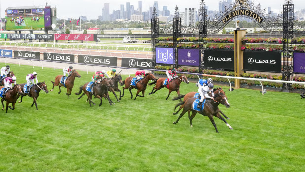 Overpass and Josh Parr win the Inglis Sprint at Flemington on Saturday.