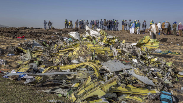 Wreckage at the scene of Sunday's Ethiopian Airlines crash south of Addis Ababa.  