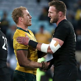 Respect: New Zealand's Kieran Read shakes hands with Australia's David Pocock after the Bledisloe opener.