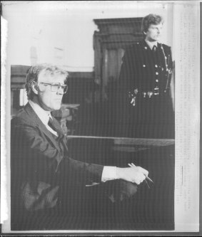 Arne Treholt in court charged with espionage, February 25, 1985.