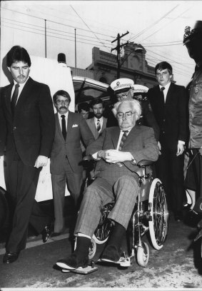 Judge Ray Watson arrives at his wife Pearl's funeral service at the Newtown Uniting Church on July 10, 1984.
