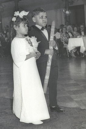 Flower girl and boy at the 1968 Foundation for Aboriginal Affairs debutante ball at Sydney Town Hall.