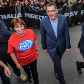 The ANMF’s Lisa Fitzpatrick at a rally with Premier Daniel Andrews in 2018