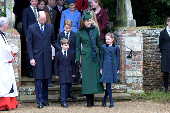 William, Prince of Wales, Louis, George, Catherine and Charlotte attending the 2024 Christmas Morning Service at St Mary Magdalene Church.