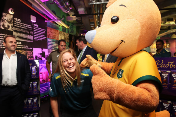 Wallaroos player Emily Chancellor interacts with ‘Wally’ the mascot after Cadbury was announced as a major sponsor of the Wallabies and Wallaroos.