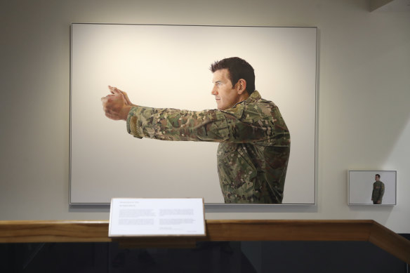 Two portraits of former SAS soldier Ben Roberts-Smith by artist Michael Zavros, seen at the Australian War Memorial in Canberra.