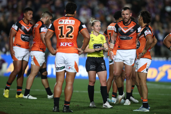 Belinda Sharpe became the first woman to solo referee an NRL game on Friday night.