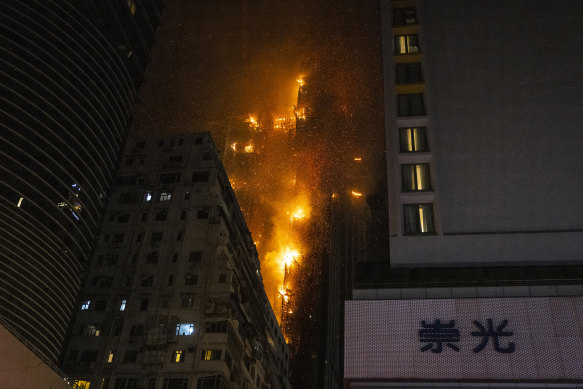 A fire burns at a construction site in Hong Kong. 